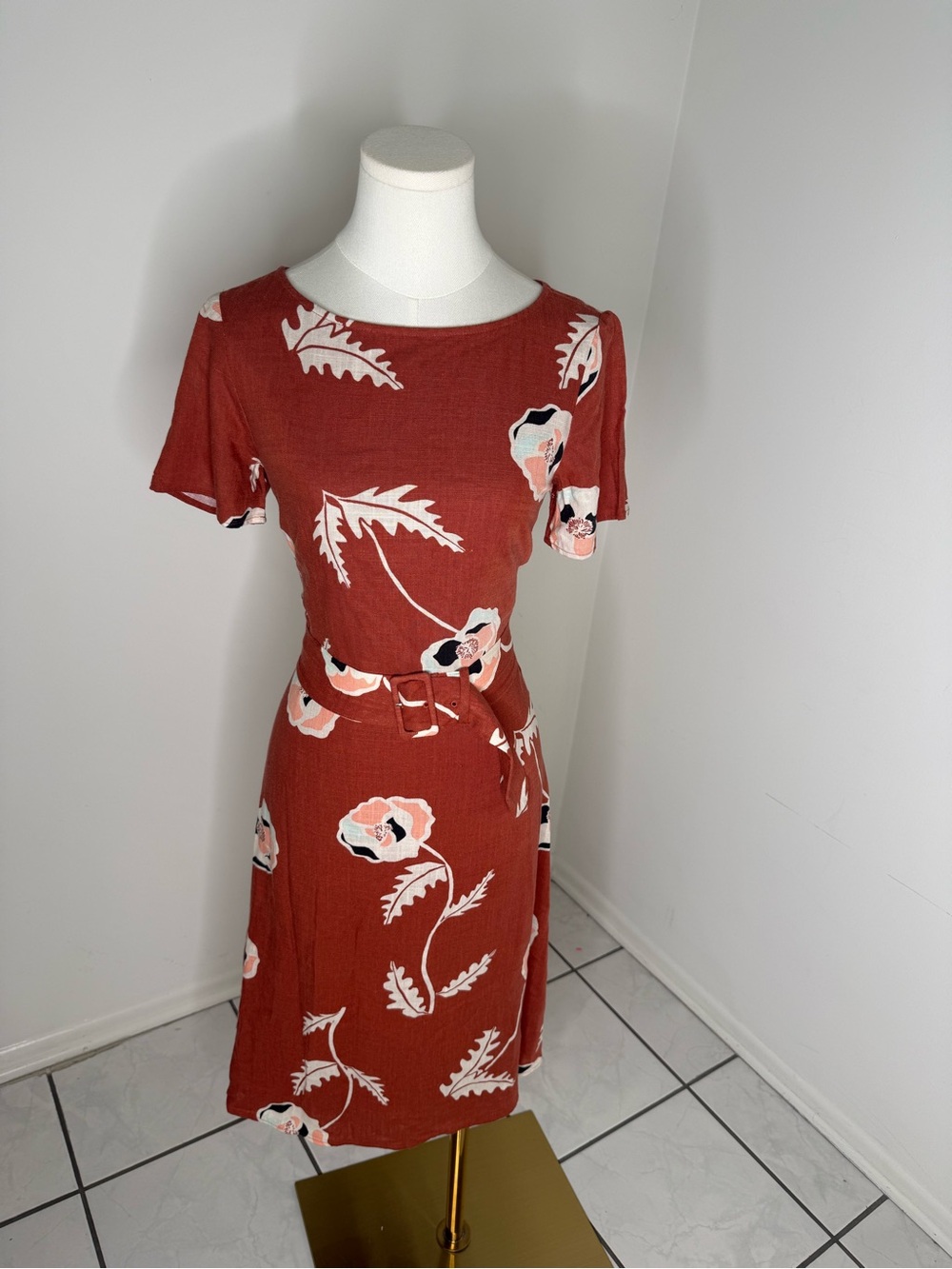 Ann Taylor Rust Floral Midi Dress with Belt - Picture 4 of 10